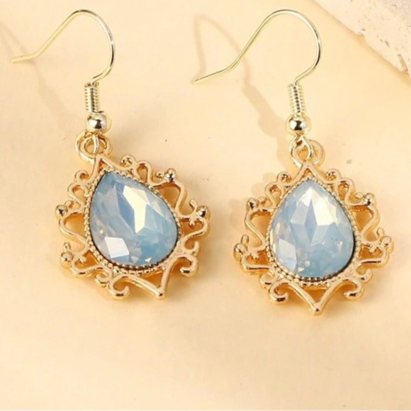 “Andean Opal Lace Teardrop” Milky Blue Filigree Ornate Victorian Steel Earrings - Picture 4 of 8